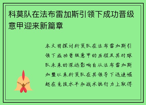 科莫队在法布雷加斯引领下成功晋级意甲迎来新篇章