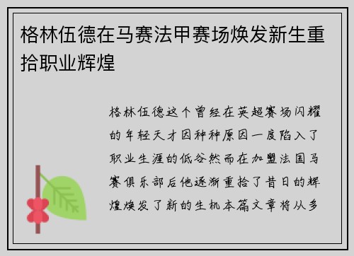 格林伍德在马赛法甲赛场焕发新生重拾职业辉煌