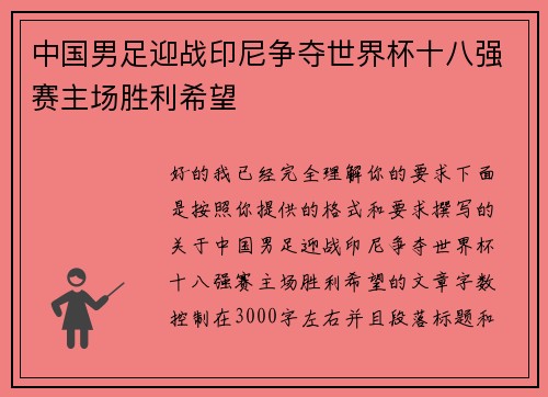 中国男足迎战印尼争夺世界杯十八强赛主场胜利希望