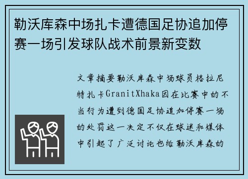 勒沃库森中场扎卡遭德国足协追加停赛一场引发球队战术前景新变数